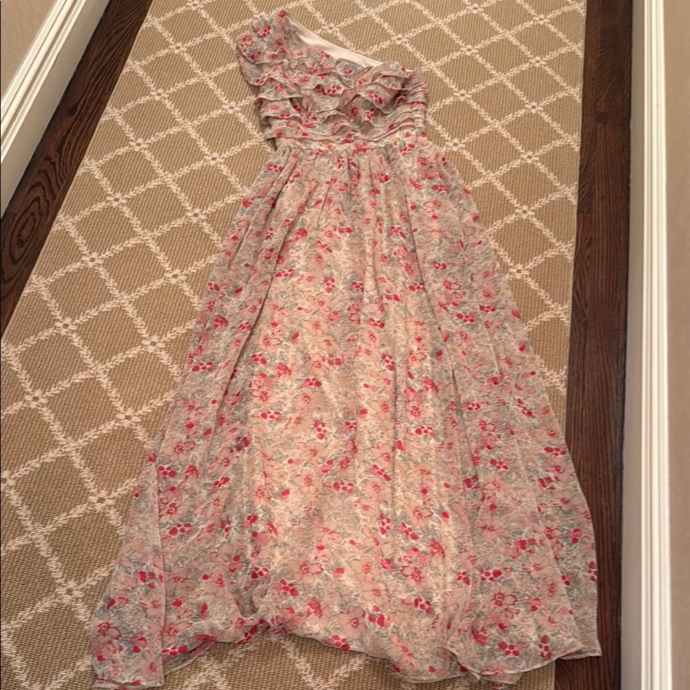 Mikael Aghal One-Shoulder Floral Maxi Dress in Pink and Cream